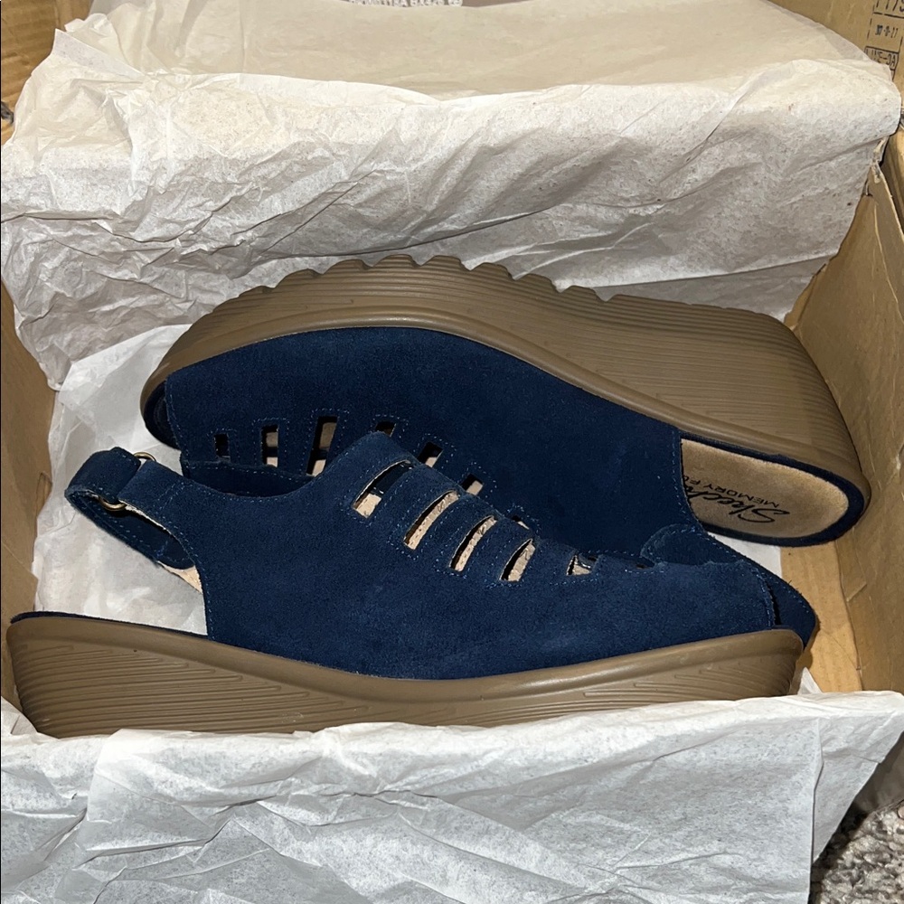 EUC Skechers Navy Blue Cutout Wedge Slingback Sandals W/Box